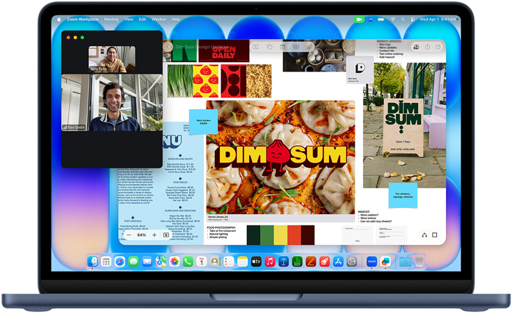 MacBook Neo, цвят индиго, видеоразговор в ход, прозорец с Freeform с меню, фотография на храна и илюстрации за ресторант за дим сум