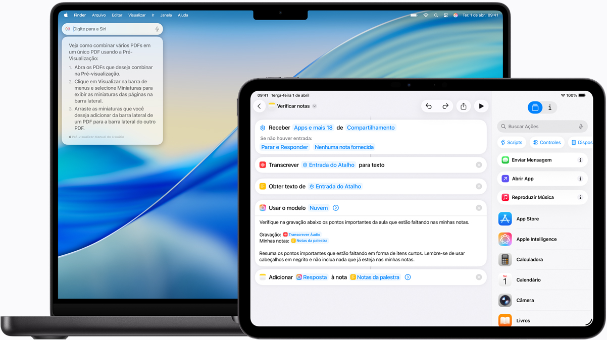 Mac mostrando o recurso Digitar para a Siri e iPad mostrando um Atalho criado com a Apple Intelligence.
