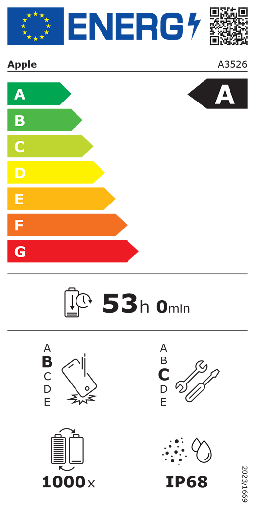QR kód a informace na energetickém štítku EU, model Apple A3526, třída A, třídy energetické účinnosti (se stupnicí od A do G), A (nejvyšší účinnost) až G (nejnižší účinnost), výdrž baterie na jeden cyklus, 53 hodin a 0 minut na plné nabití baterie, třída spolehlivosti při opakovaném volném pádu B, A (nejvyšší odolnost) až E (nejnižší odolnost), třída opravitelnosti C, A (nejlepší opravitelnost) až E (nejhorší opravitelnost), životnost baterie 1000 cyklů, stupeň ochrany proti vniknutí prachu a vody (IP) IP68, nařízení 2023/1669