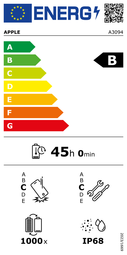 Etichetta energetica UE, codice QR e informazioni, modello Apple A3094, classe B, classi di efficienza energetica (con una scala da A a G), da A (efficienza massima) a G (efficienza minima), l’autonomia della batteria per ciclo è 45 ore e 0 minuti per ogni carica completa, la classe di affidabilità in caso di caduta libera ripetuta è C, da A (robustezza massima) a E (robustezza minima), la classe di riparabilità è C, da A (riparabilità massima) a E (riparabilità minima), la durata della batteria in cicli è 1000, il grado di protezione dall’ingresso di polvere e acqua (IP) è IP68, regolamento 2023/1669.