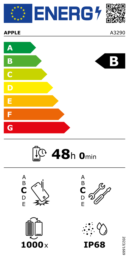 Etichetta energetica UE, codice QR e informazioni, modello Apple A3290, classe B, classi di efficienza energetica (con una scala da A a G), da A (efficienza massima) a G (efficienza minima), l’autonomia della batteria per ciclo è 48 ore e 0 minuti per ogni carica completa, la classe di affidabilità in caso di caduta libera ripetuta è C, da A (robustezza massima) a E (robustezza minima), la classe di riparabilità è C, da A (riparabilità massima) a E (riparabilità minima), la durata della batteria in cicli è 1000, il grado di protezione dall’ingresso di polvere e acqua (IP) è IP68, regolamento 2023/1669.