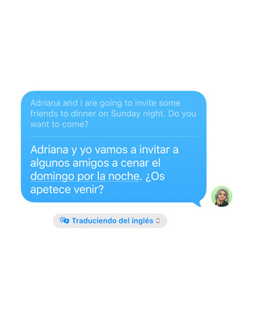 Das Feature Live Übersetzung in Nachrichten zeigt eine Übersetzung vom Englischen ins Spanische