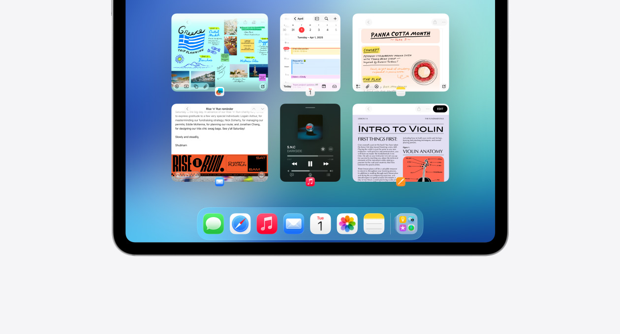 iPad, horizontale stand, toont zes geopende vensters in twee rijen, waaronder Agenda, Notities, Apple Music en Safari