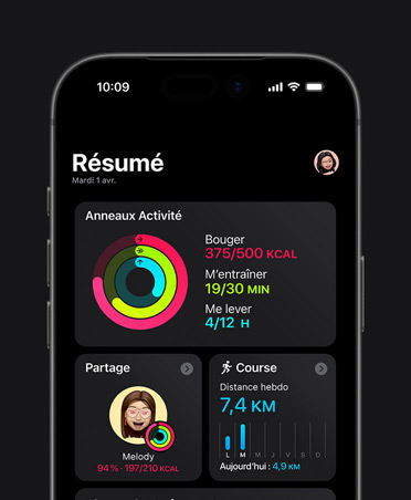 iPhone 17, Résumé Forme, anneaux Activité, données Bouger, M’entraîner, et Me lever, partage d’activité avec des proches, statistiques de courses hebdomadaires, Charge d’entraînement
