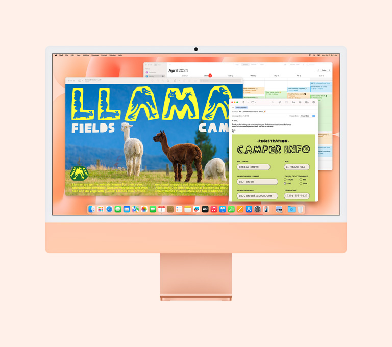 橙色 iMac：螢幕顯示在使用預覽、郵件及日曆 app