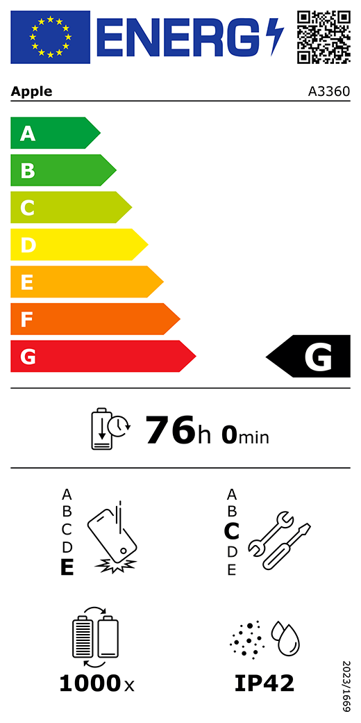 EU oznaka energetske učinkovitosti – QR kôd i informacije, Apple model A3360, razred G, razredi energetske učinkovitosti (sa skalom od A do G), A (najučinkovitiji) do G (najmanje učinkovit), izdržljivost baterije po ciklusu, 76 sati i 0 minuta po punom punjenju baterije, klasa pouzdanosti pri višekratnim slobodnim padovima E, A (najizdržljiviji) do E (najmanje izdržljiv), klasa popravljivosti C, A (najlakše popravljivo) do E (najteže popravljivo), 1000 ciklusa izdržljivosti baterije, zaštita od prašine i vode (IP) ocjena IP42, uredba 2023/1669