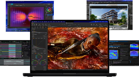 Vairāki krāsaini elementi Mac ekrānā no mūzikas producēšanas, grafiskā dizaina, 3D animācijas un foto rediģēšanas aplikācijām, parādot jaudīgo grafikas veiktspēju