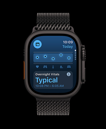 Apple Watch Ultra 3, black color, titanium case, Vitals app, chart scoring health, Overnight Vitals outliers notification, band, black Milanese Loop