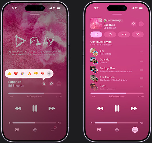 iPhone on left showing Don't Do Me Good by Madi Diaz and Kacey Musgraves playing on screen with reaction emoji prompt showing options to thumbs up, heart, celebrate, thumbs down or add another reaction, iPhone on right showing Collaborative playlist called Road Trip Playlist with multiple songs added by other contributors