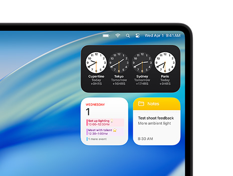 วิดเจ็ตหลากหลายชนิดบนเดสก์ท็อป Mac ซึ่งได้แก่ นาฬิกา ปฏิทิน โน้ต และสภาพอากาศ