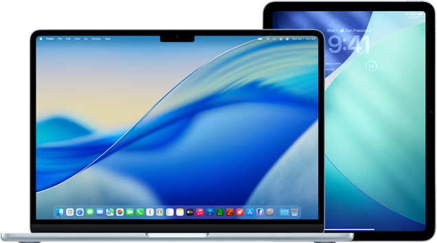 左側為 MacBook，右側為 iPad，螢幕顯示相似的藍綠色背景圖片