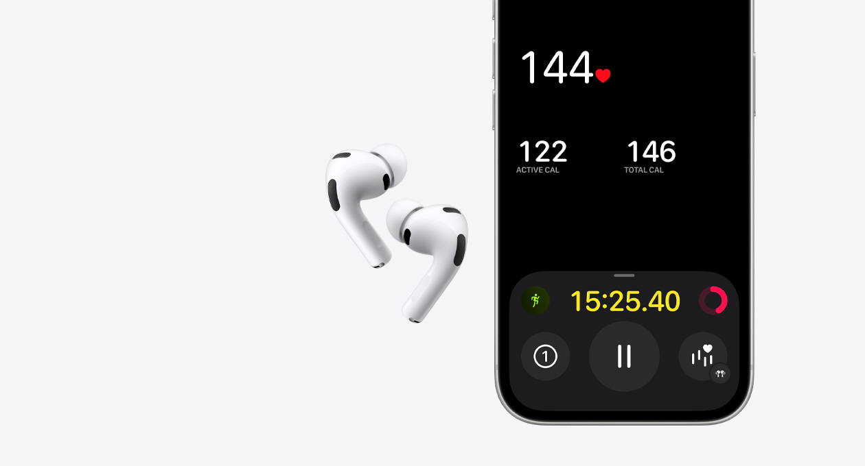 AirPods Pro 3, Farbe Weiss, untere Hälfte eines iPhone 17 Displays, Fitness App, Feature zur Herzfrequenzmessung
