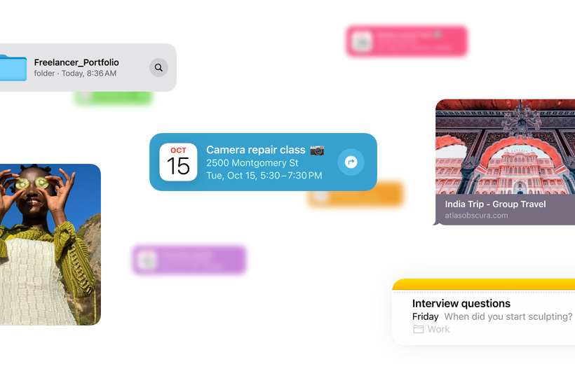 Des fragments d’informations comme des évènements du calendrier, des photos et des notes montrent les nombreuses sources dans lesquelles Siri peut puiser.