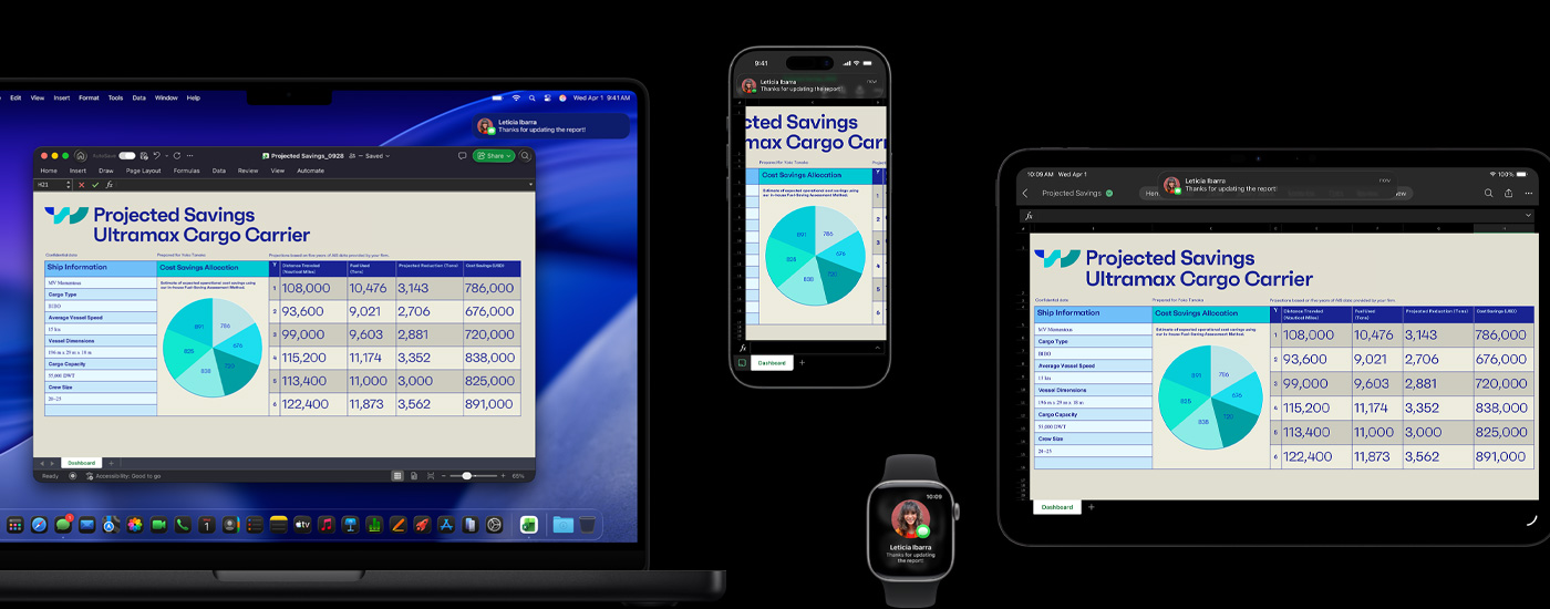 macOS Tahoe가 설치된 iPhone, iPad, Apple Watch, Mac 등 여러 기기에 스프레드시트와 문자 메시지가 표시되어 있는 모습.