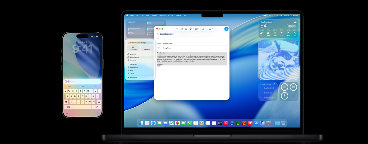 Apple Intelligence를 보여주는 iPhone과 Mac 그리고 macOS Tahoe 화면 보호기의 모습.
