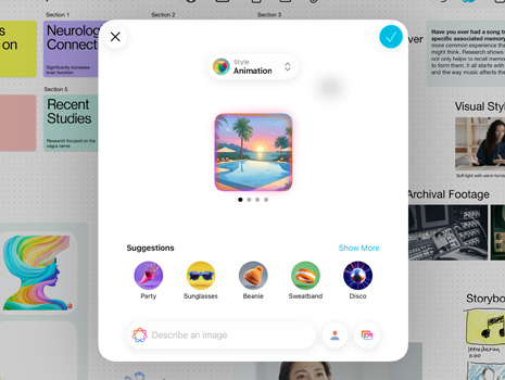 Image Playground 기능을 경험하는 UI에 다양한 색상의 일몰과 야자수가 있는 수영장 이미지가 보이고, 이 이미지에 추가할 수 있는 요소들에 대한 제안도 함께 표시되어 있습니다.
