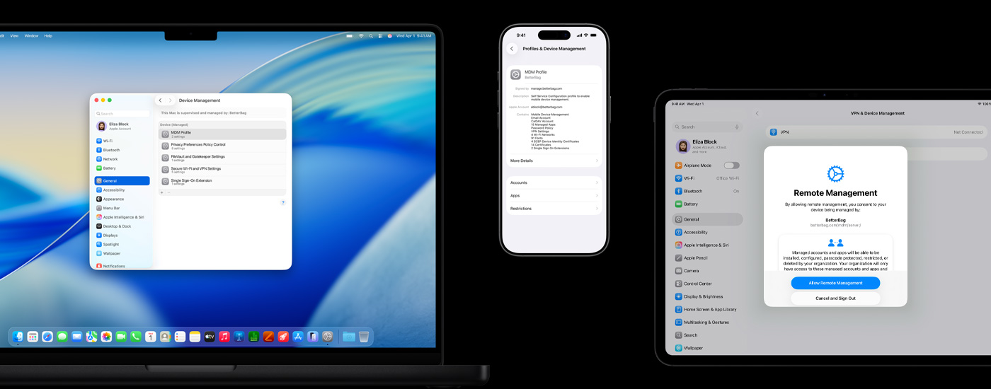 세 Apple 기기의 화면. 왼쪽에는 Mac 컴퓨터에 기기 관리 창이 표시되어 있습니다. 중앙에는 iPhone에 기기 관리 프로파일 설정이 표시되어 있습니다. 오른쪽에는 iPad에 원격 관리 창이 표시되어 있습니다.