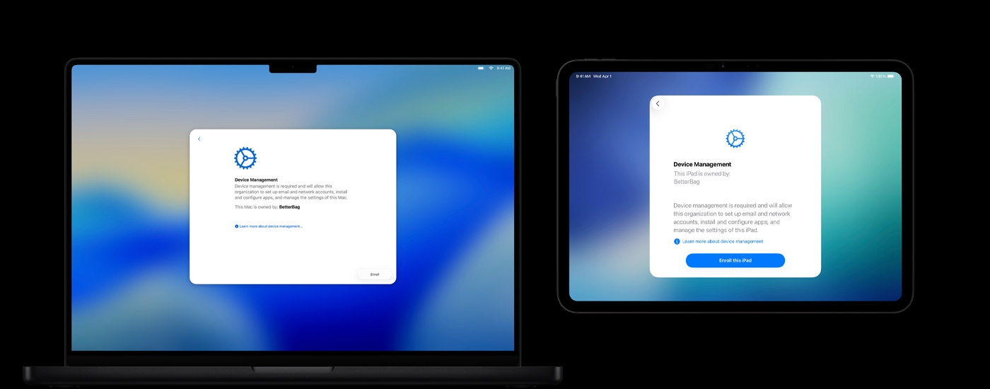 두 Apple 기기가 나란히 놓여있는 모습. Mac 컴퓨터에는 원격 관리 창이 표시되어 있고, iPad에는 원격 사용자 관리 화면이 나타나 있습니다.