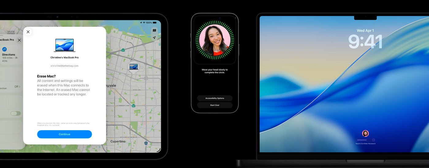 iPad에 Mac 지우기 옵션이 표시되어 있고, iPhone에 Face ID 설정이 표시되어 있으며, Mac에는 암호 또는 Touch ID를 사용할 수 있는 macOS Tahoe 홈 화면이 표시된 모습.