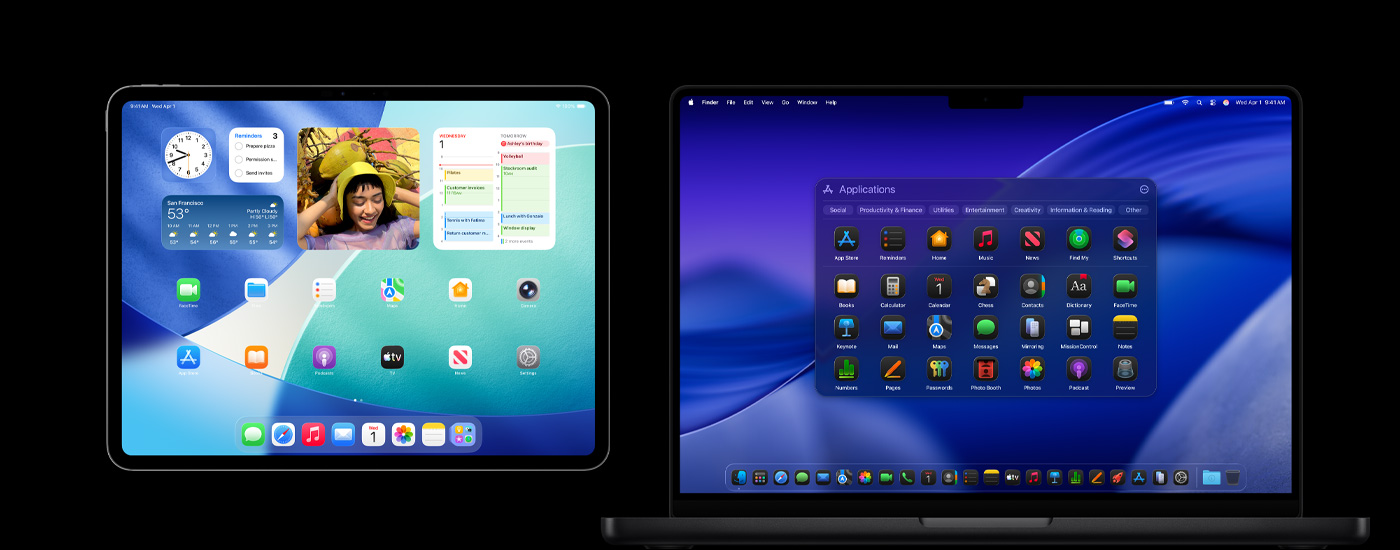Diverses icônes d’applications affichées sur iPad et Mac. Plusieurs widgets, dont Calendrier, Météo et Photos, affichés sur iPad. macOS Tahoe visible en arrière-plan sur le Mac.