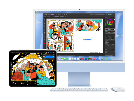 macOS Tahoe가 설치된 iPad 및 iMac 데스크탑에 대담하고 재미있는 일러스트레이션이 표시되어 있는 모습. iMac에는 동일한 일러스트레이션이 창작용 앱에서 열려 있습니다.
