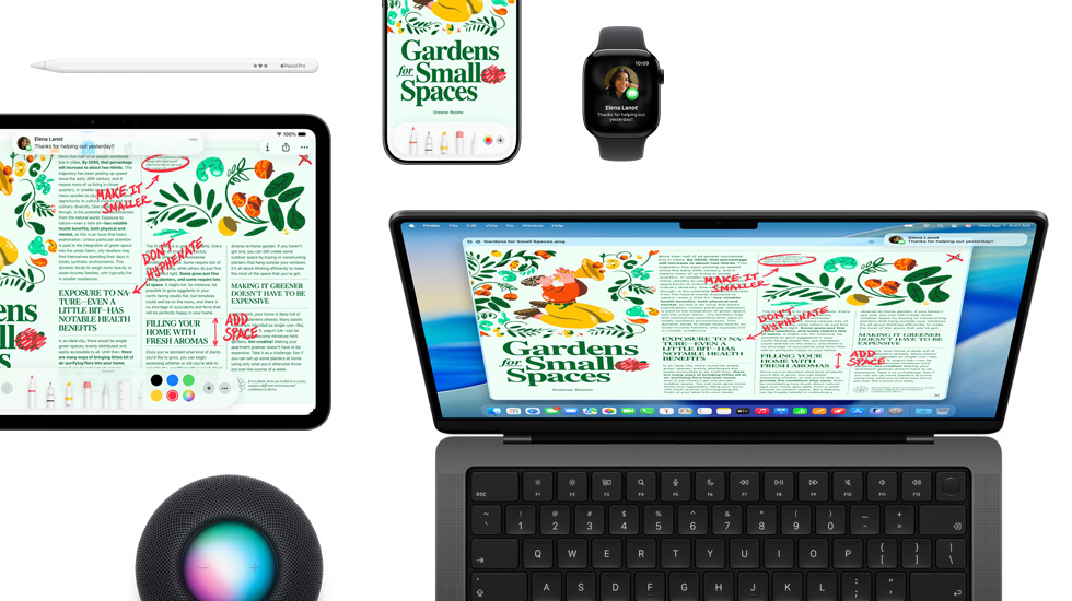 Un iPad, un iPhone, une Apple Watch et un Mac doté de macOS Tahoe affichent la même mise en page de magazine.