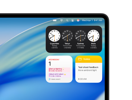 macOS Tahoe와 시계, 캘린더, 메모 등 다양한 위젯이 표시된 Mac 데스크탑의 모습.