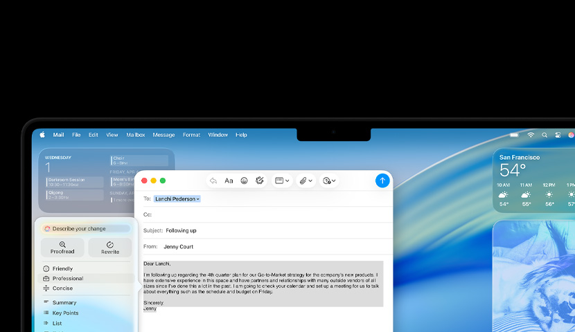 비즈니스 이메일에 Apple Intelligence 프롬프트가 있는 Mac 데스크탑 화면. 이메일 윈도우 뒤로는 다양한 위젯과 macOS Tahoe 배경화면이 보입니다.