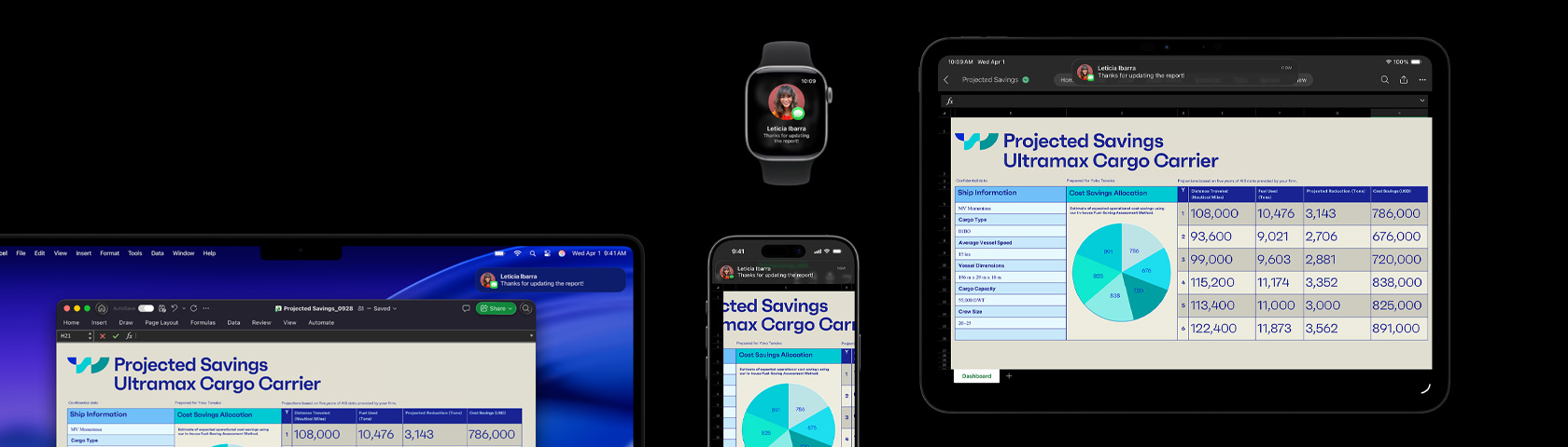 macOS Tahoe가 설치된 iPhone, iPad, Apple Watch, Mac 등 여러 기기에 스프레드시트와 문자 메시지가 표시되어 있는 모습.