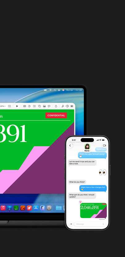 Mac에 프레젠테이션과 macOS Tahoe 배경 화면이 표시되어 있는 모습. Mac 앞에는 동일한 프레젠테이션이 문자 메시지 대화 안에 표시된 iPhone의 모습이 보입니다.