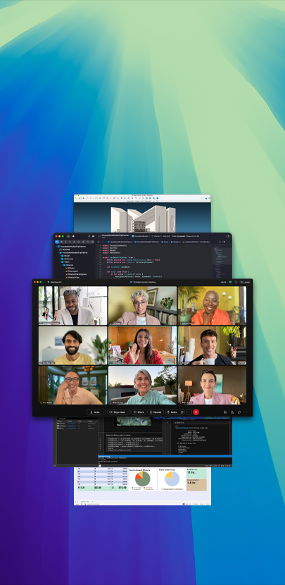 Webex에서 미소 짓고 있는 사람들의 가상 회의를 비롯해 macOS Tahoe에 여러 앱 화면이 표시되어 있는 모습.