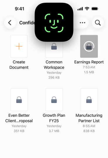 Pages 앱 위에 Face ID 아이콘이 나타나 기기를 안전하게 잠금 해제하는 방법을 보여주는 iPhone 화면