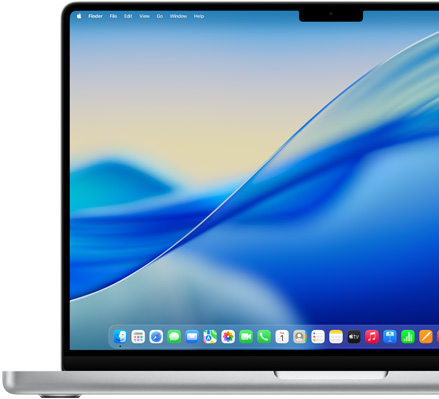 A MacBook Pro 14" in Silver is open with the macOS Tahoe 26 wallpaper.