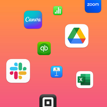 Hatékonyságnövelő appok, köztük a Slack, a Canva, a Google Workspace, a Zoom, a Quickbooks, a Keynote, az Excel, a Square és a Numbers ikonjai színes háttér előtt.