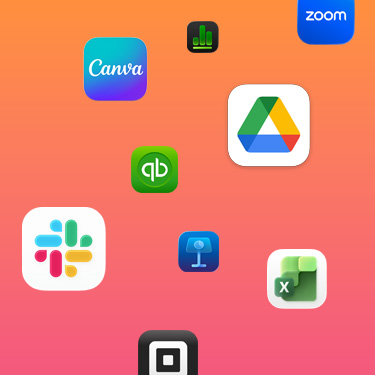 多款生產力 app 的圖像分布在鮮艷的背景上，包括 Slack、Canva、Google Workspace、Zoom、QuickBooks、Keynote、Excel、Square 和 Numbers
