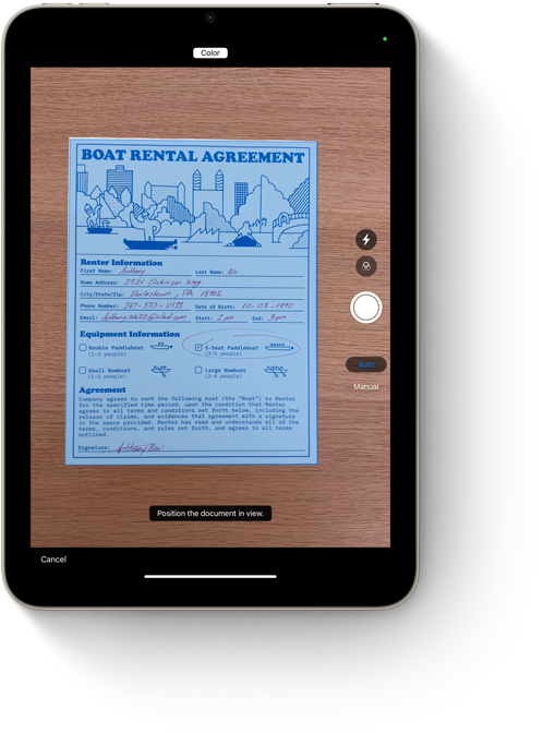 Egy iPad minin a dokumentumszkennelési funkció látható működés közben a Jegyzetekben.