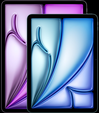 iPad Air مقاس 13 إنش، وiPad Air مقاس 11 إنش، الوضع العمودي، الجزء الأمامي الخارجي، لون أسود فلكي، حواف مدورة، إطار شاشة أسود، واجهتان تعرضان أشكالاً تجريدية بلون وردي وأخضر وأزرق