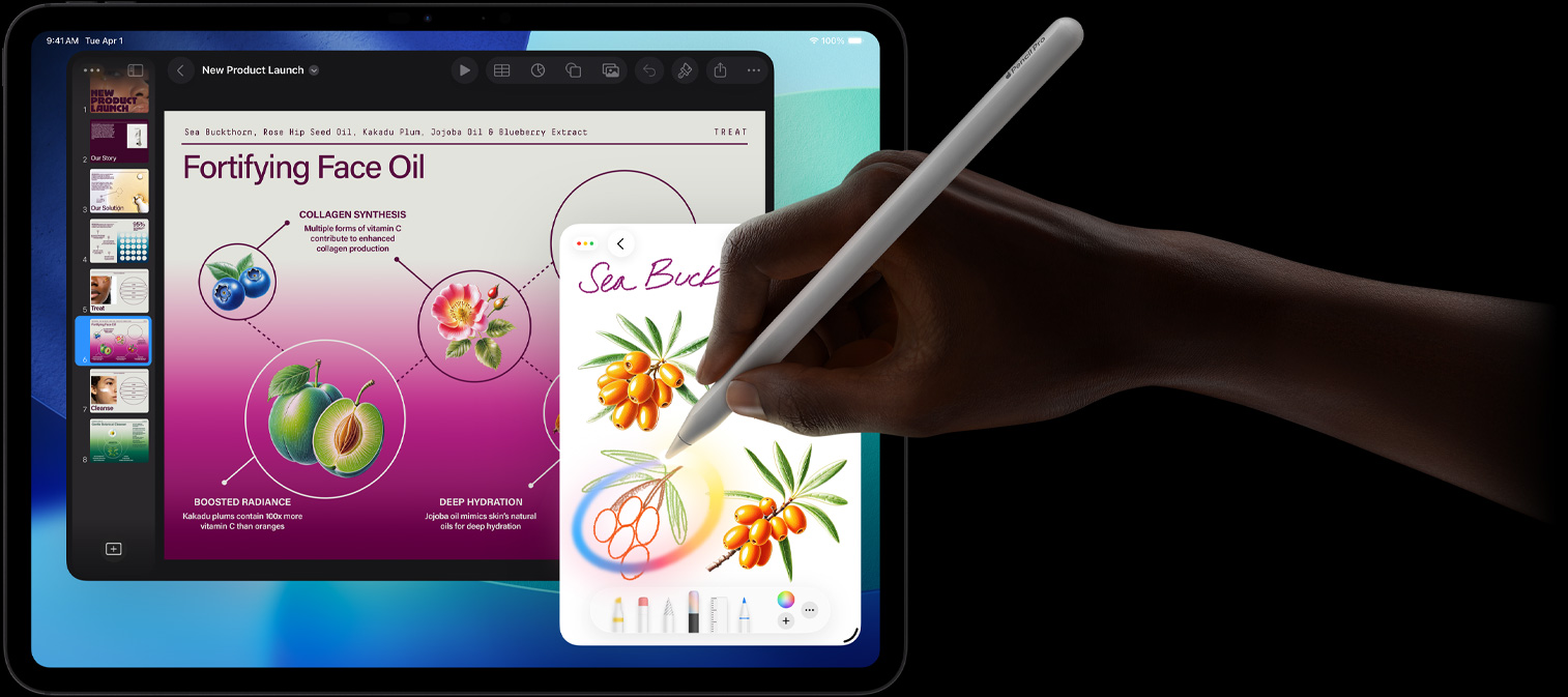 جهاز iPad Pro، الجزء الأمامي الخارجي من الشاشة مع خلفية متدرجة باللون الأزرق الداكن والأخضر تعرض تطبيقات متعددة مفتوحة، يد تحمل قلم Apple Pro وتضع دائرة على رسمة تُظهر ميزة عصا الصور السحرية في Apple Intelligence‏