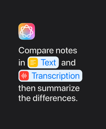أيقونة Apple Intelligence ونص محفز: قارن بين الملاحظات المدوّنة في نص وتلك المسجلة في نسخة نصية ثم لخّص الفوارق