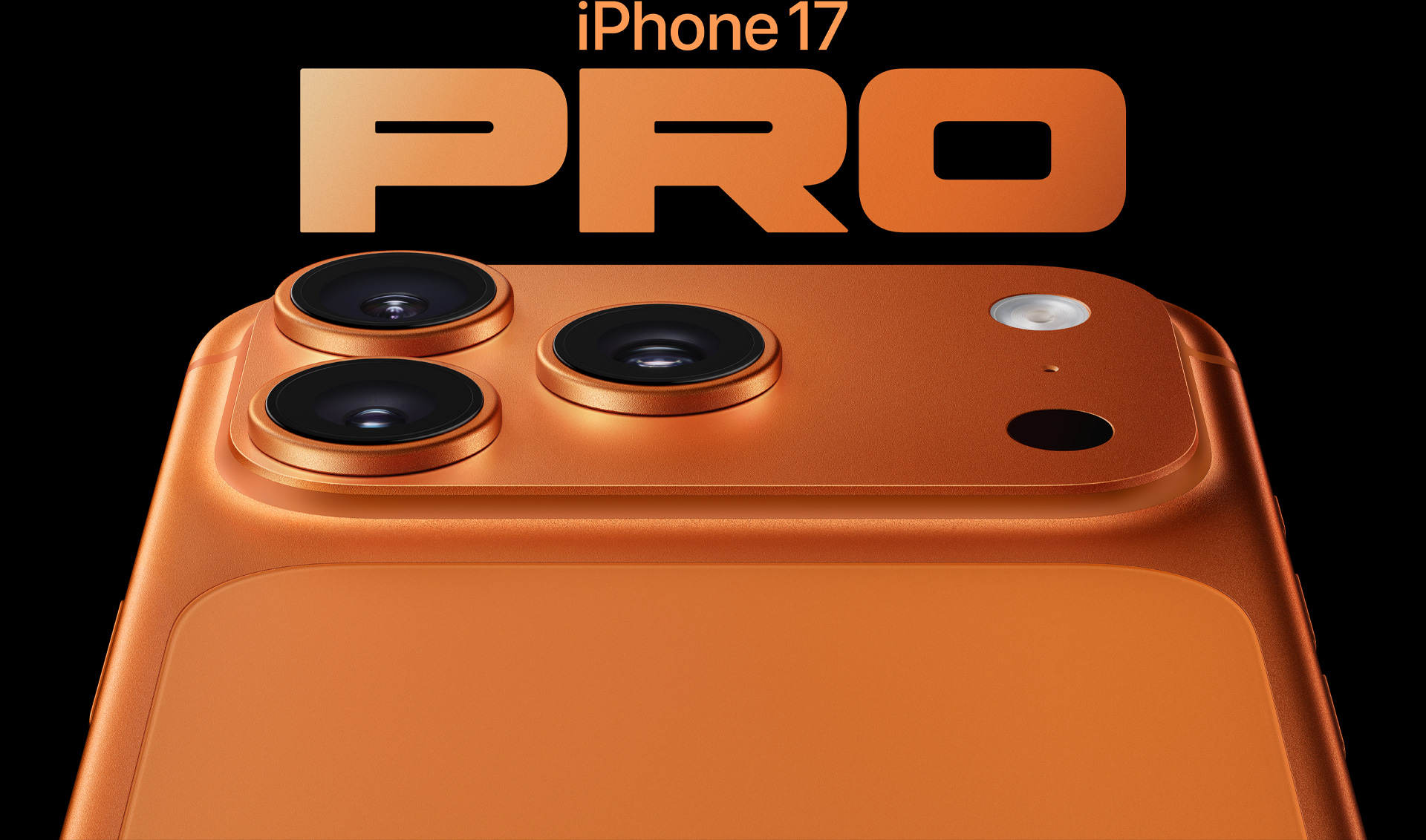 iPhone 17 Pro, deel van achterkant in Kosmisch Oranje, Pro-camerasysteem linksboven, 3 lenzen, microfoon, flitser