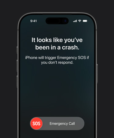 iPhone 17 Pro elölnézetből, lekerekített sarkokkal, kijelzőjén az Ütközésészlelés funkció működés közben