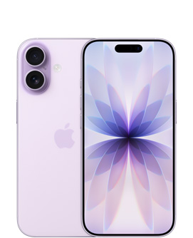 iPhone 17 lavanda mostrato da dietro, sistema a doppia fotocamera Fusion in alto a sinistra, logo Apple al centro, e mostrato da davanti, Dynamic Island in alto al centro