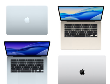 Vier Mac Computer in verschiedenen Modellen, Grössen und Farben, die die Möglichkeiten der Anpassung zeigen