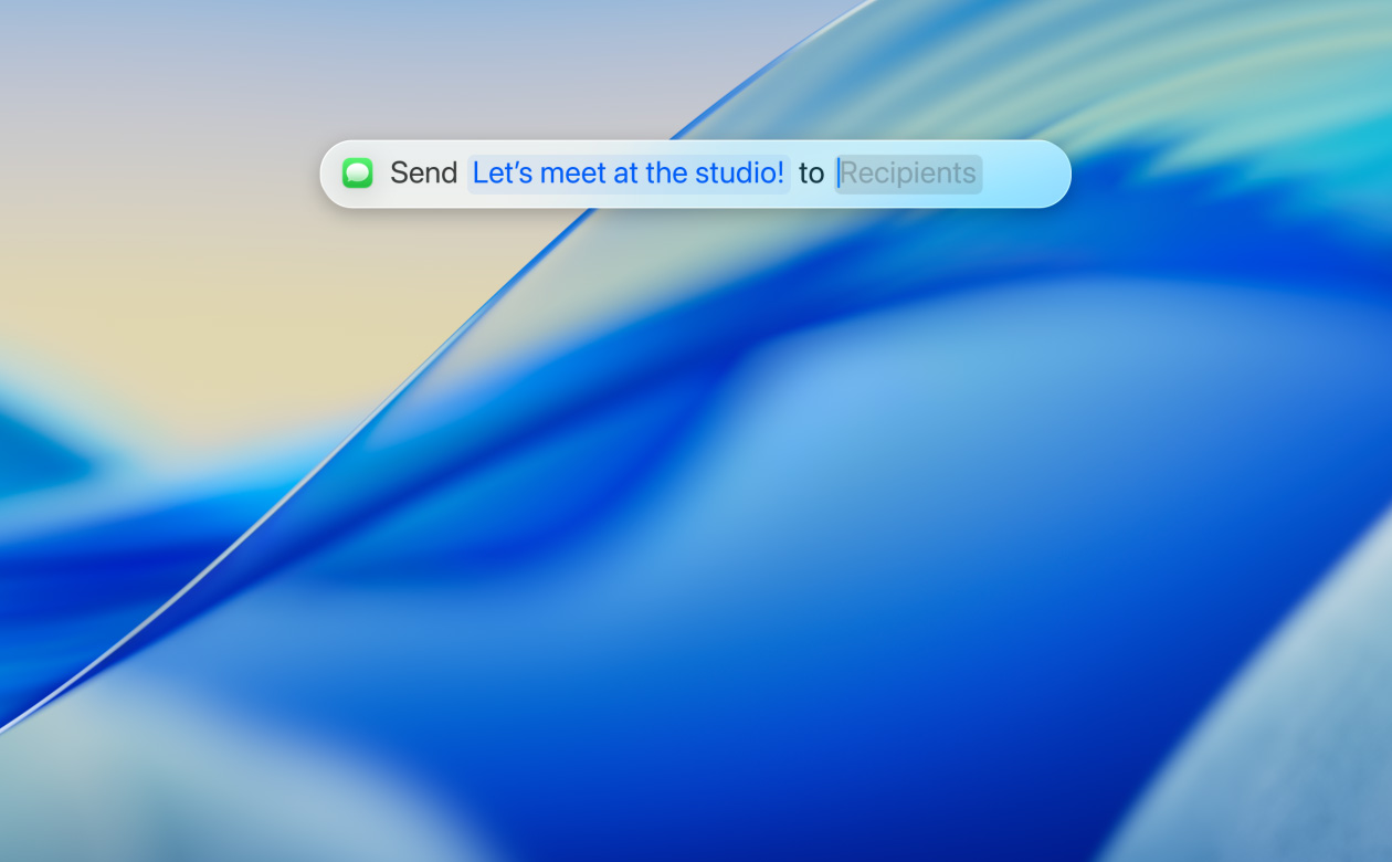 Nahaufnahme der neuen transparenten Spotlight App, ein:e Nutzer:in verwendet die Nachrichten App, um eine SMS an einen Kontakt zu senden