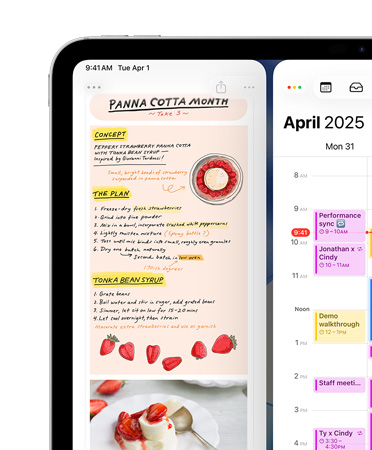 Øverst til venstre på en iPad-skjerm i liggende retning vises Notater og Kalender side om side som et eksempel på vindusfordeling.