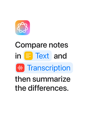 Vergleiche Notizen in Text und Transkription und fasse dann die Unterschiede zusammen, wobei die Wörter „Text“ und „Transkription“ blau hervorgehoben sind, wie sie in der Kurzbefehle App erscheinen würden.