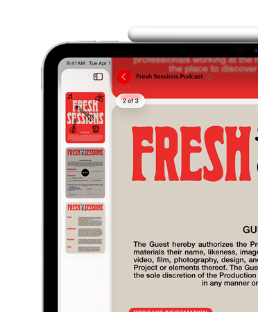 På en iPad i liggende visning er Apple Pencil festet magnetisk til toppen av enheten. Øverst til venstre på skjermen vises en PDF i Forhåndsvisning-appen.
